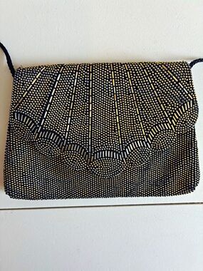 Vintage 80s Beaded Evening Bag Art Deco Shell Gold Silver Flapper Style Metallic